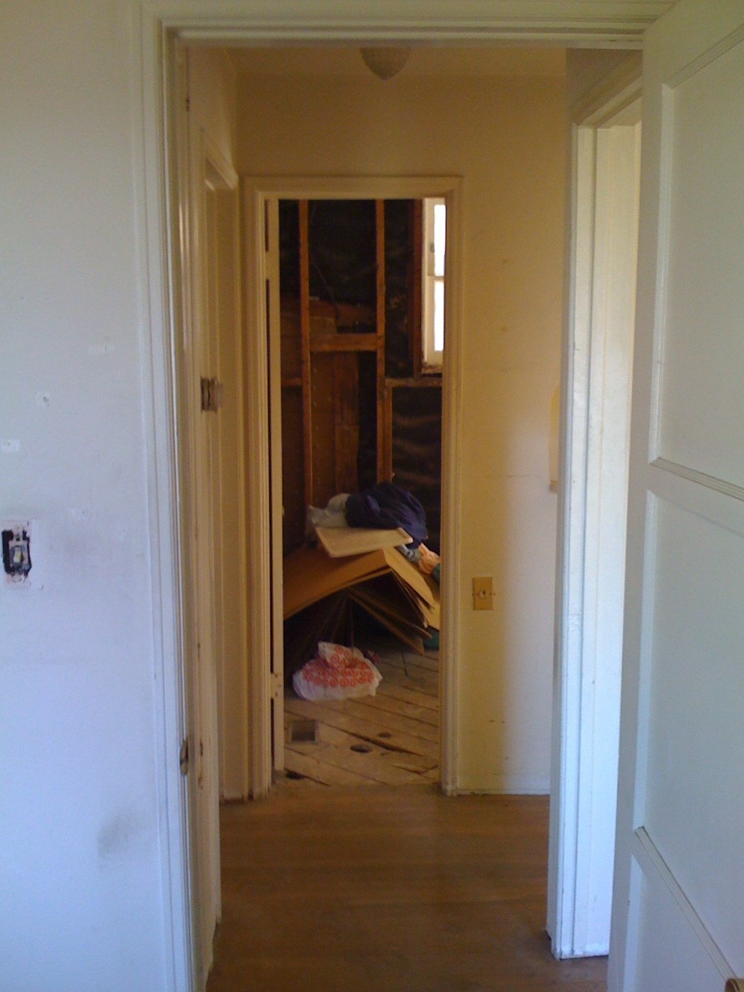 Hallway during demolition, room opened to the studs