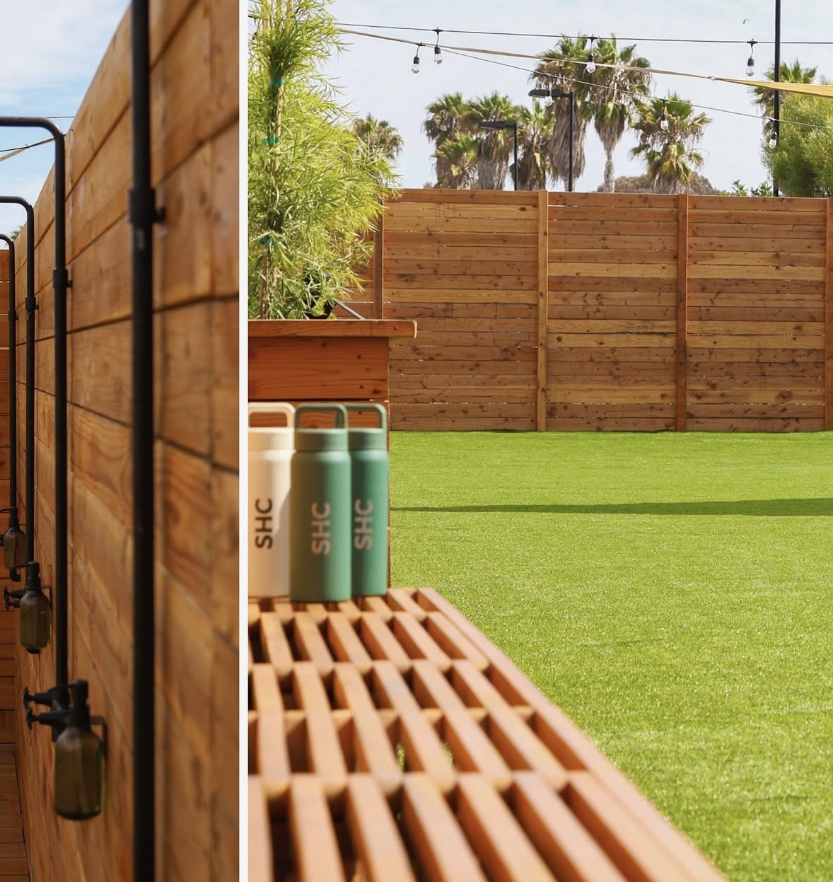 Outdoor shower fixtures and a slatted bench with SHC bottles