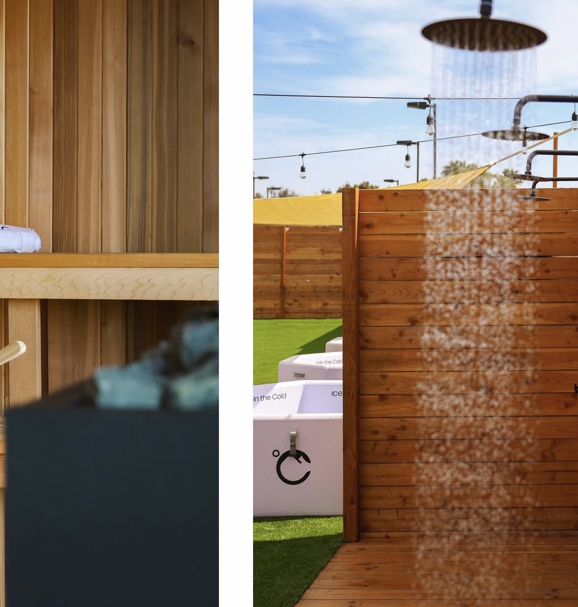 Sauna bench and stove alongside a running rain shower on cedar