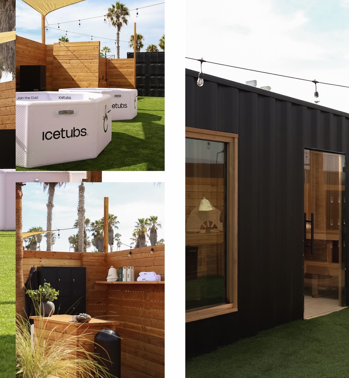Cold tubs under shade sails and the black sauna container with cedar interior