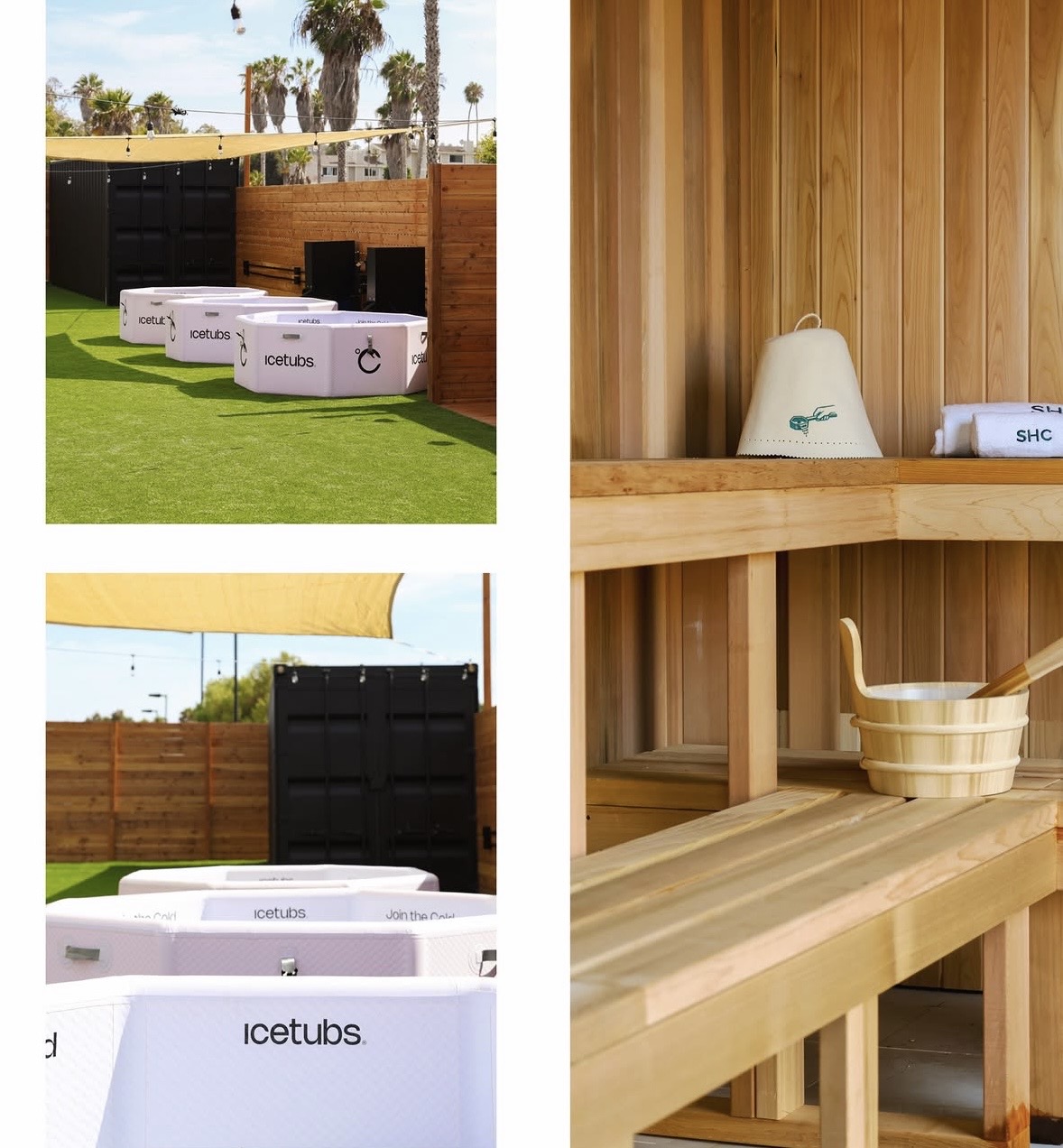 Cold tubs on turf beside a black container, and the cedar sauna interior