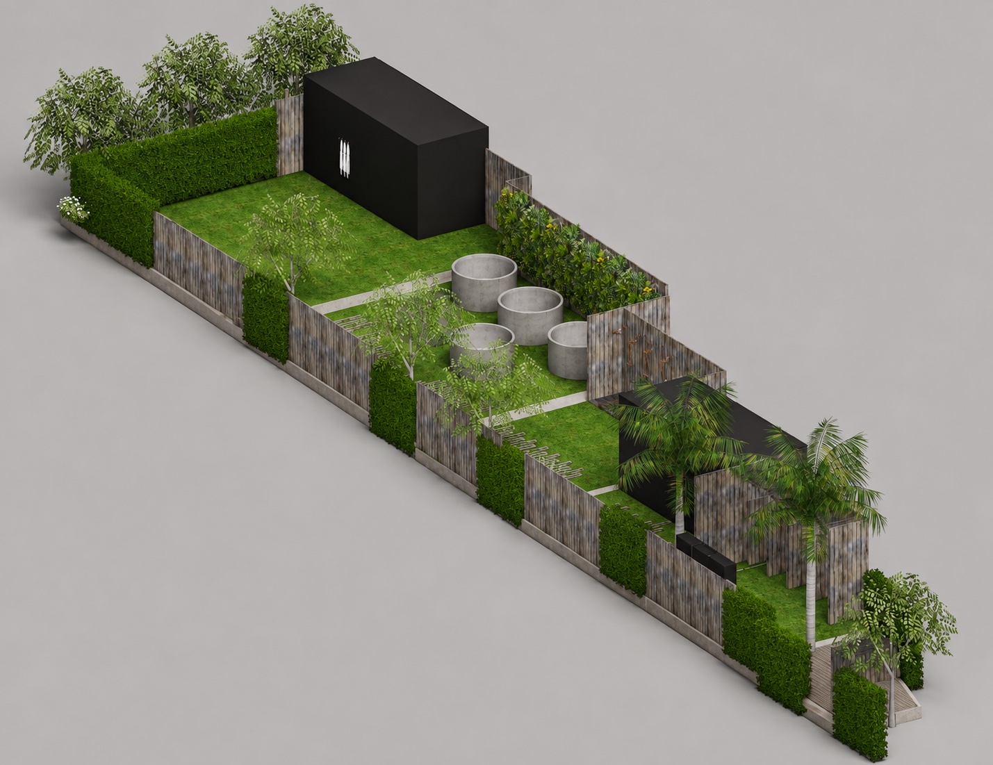 Isometric site schematic — sauna, plunge court, shower garden, and lounge along a narrow lot