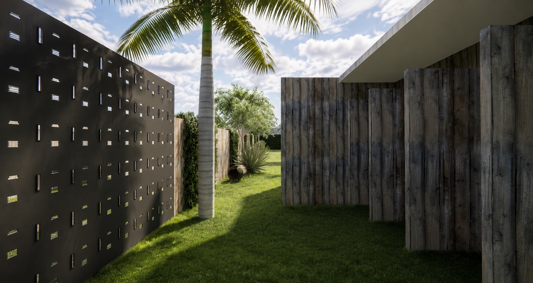 Perforated black wall and timber changing screens under a palm