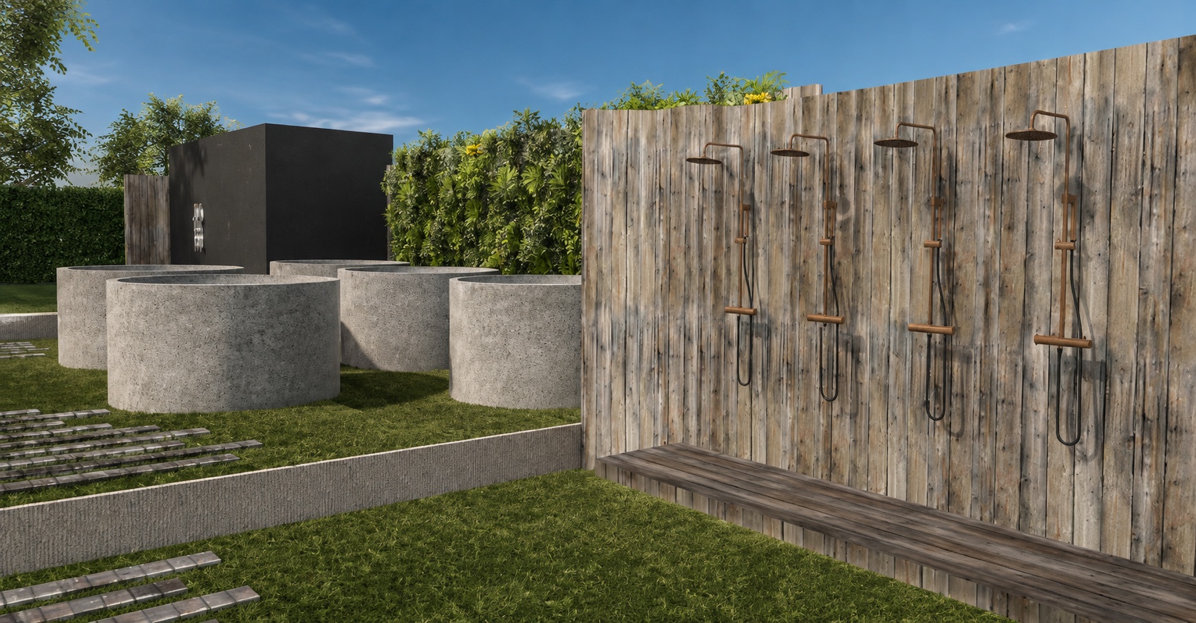 Shower wall of weathered timber facing concrete plunge vessels on lawn