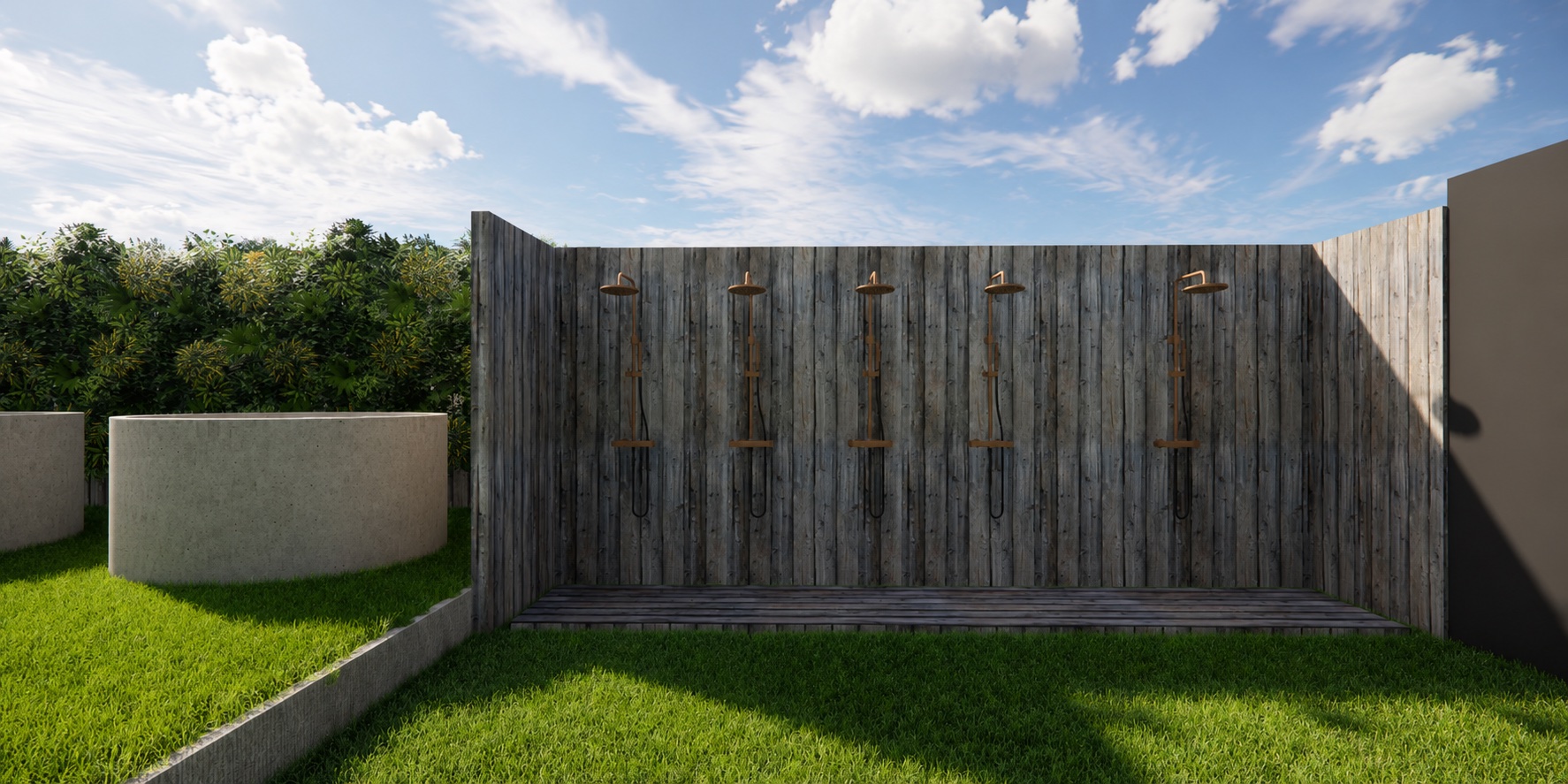 Five rain showers on a weathered timber wall with a plunge vessel on the lawn