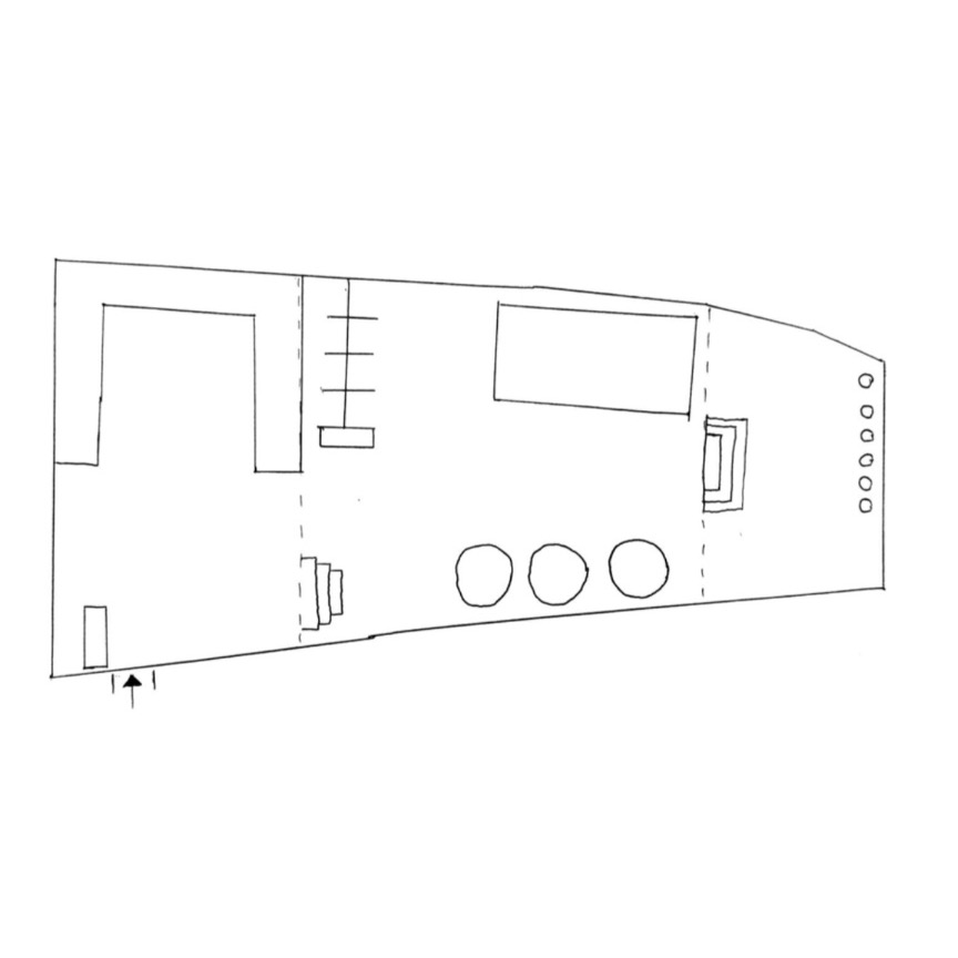 Hand sketch of the site plan showing the sauna, three plunge tubs, and entry