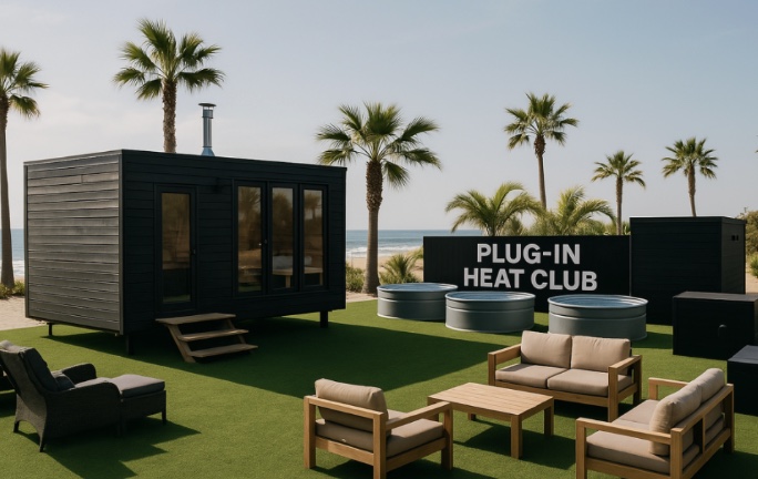 Concept study — black sauna box, stock-tank plunges, and lounge on turf