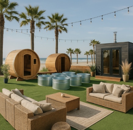 Concept study — barrel saunas, plunge troughs, and seating under string lights